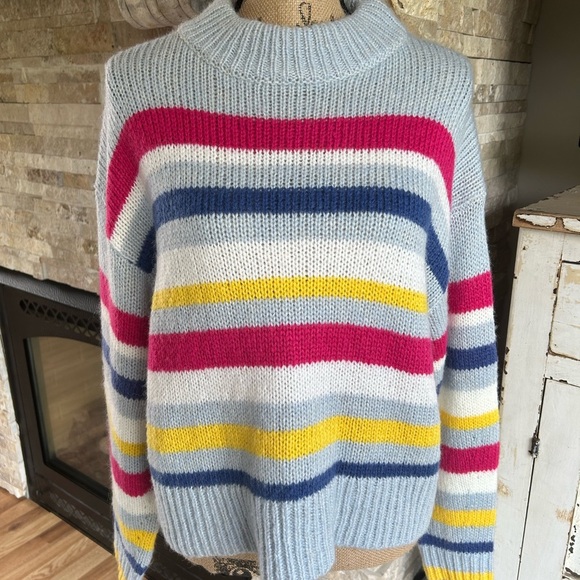 Rebecca Minkoff Brittany pale blue multi stripe mock neck wool blend sweater - Picture 6 of 16